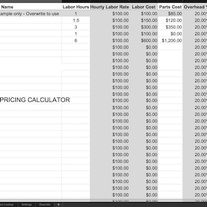 May include: A spreadsheet titled "HVAC FLAT RATE PRICING CALCULATOR" with columns for job name, labor hours, hourly rate, labor cost, parts cost, and pricing details. Includes examples for capacitor replacement, thermostat install, and other HVAC services.