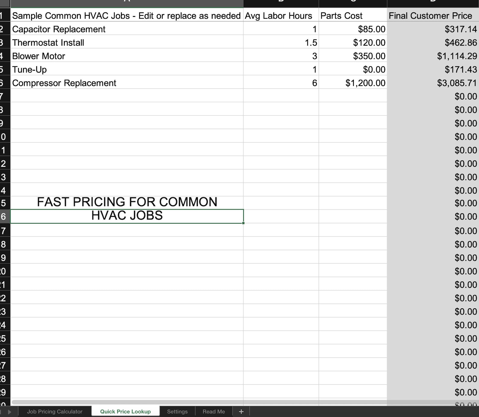 HVAC Flat Rate Pricing Calculator Spreadsheet for Job Costing Profit ...