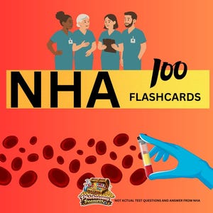 Peut inclure: Illustration avec du personnel médical au-dessus d'une bannière « NHA 100 FLASHCARDS ». Une main gantée tient une éprouvette de sang. Le fond est un dégradé de rouge et d'orange.