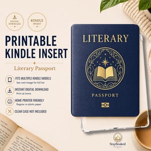 Capa para Kindle com Passaporte Literário, Capa para Kindle Imprimível, Decoração Literária para Kindle, Download Digital, Presente para Leitores