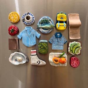 May include: A selection of fridge magnets in diverse shapes, featuring a lemon slice, tomato, and sandwich, alongside a blue shirt, backpack, and a Converse sneaker. The magnets are displayed on a silver surface.
