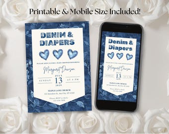 Editable Denim and Diapers Baby Shower Invitation, Watercolor Blue Jean Baby Invite, Vintage Theme, Gender Neutral, Printable and Digital