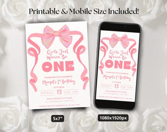 Editable Girls Just Wanna Be One First Birthday Invitation, Pink Bow Coquette 1st Birthday Invite, Printable & Mobile Version, Canva