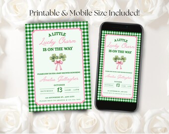Editable Lucky Baby Shower Invitation Girl, Lucky Charm Is On The Way, Coquette Green Gingham, March Theme, Girl Baby Shower Shamrock Invite