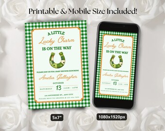 Editable Lucky Baby Shower Invitation, Lucky Charm, March Baby Shower, Gender Neutral Theme, Horseshoe, Printable & Digital, Orange/Green