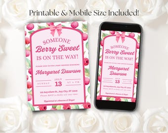 Editable Berry Sweet Baby Shower Invitation, Raspberry Baby Shower Invite, Printable & Digital Invite, Pink Girl Baby Shower, Spring Theme
