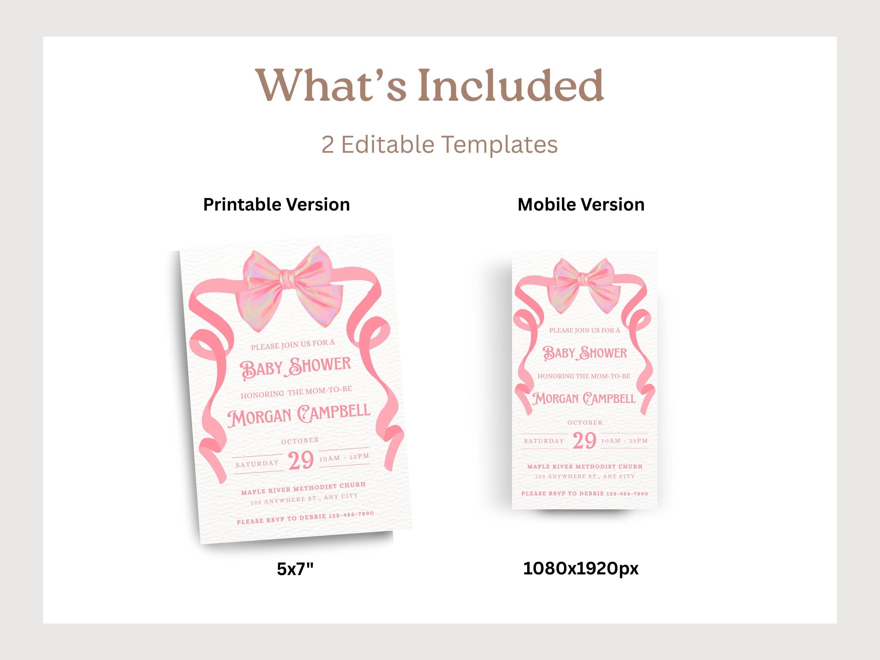Blush Pink Bow Baby Shower Invitation Template, Elegant Coquette Theme ...
