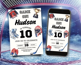 Boys Ice Hockey Birthday Invitation, Hockey Party Digital Invite Template, Sports Party Invite, Edit in Canva, Printable and Mobile Version