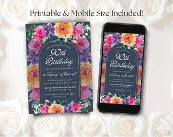 Editable 90th Birthday Invitation for Her, Elegant Floral Ninetieth Invite, Milestone Birthday Invite Woman, Canva, Printable & Evite