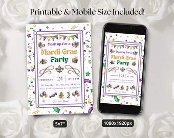 Editable Mardi Gras Party Invitation, Mask and Beads Invite, Masquerade, Printable and Digital Version