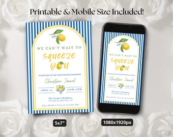 Lemon Baby Shower Invitation, We Can't Wait To Squeeze You, Watercolor Fruit, Gender Neutral Theme, Printable and Evite, Canva Template