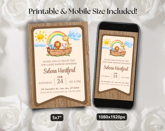 Noah's Ark Invitation Template, Religious Baby Shower or Birthday, Rustic Wood Animals Invite, Gender Neutral, Printable and Evite
