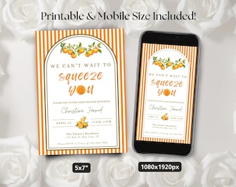 Orange Summer Baby Shower Invitation, We Can't Wait To Squeeze You, Citrus Theme Invite, Gender Neutral, A Little Cutie, Printable, Evite