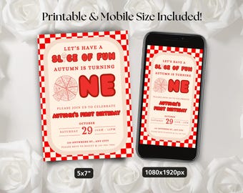 Editable Pizza First Birthday Invitation, Slice of Fun Invite, Pizza Theme 1st Birthday, Boy or Girl, Printable & Digital, Canva Template