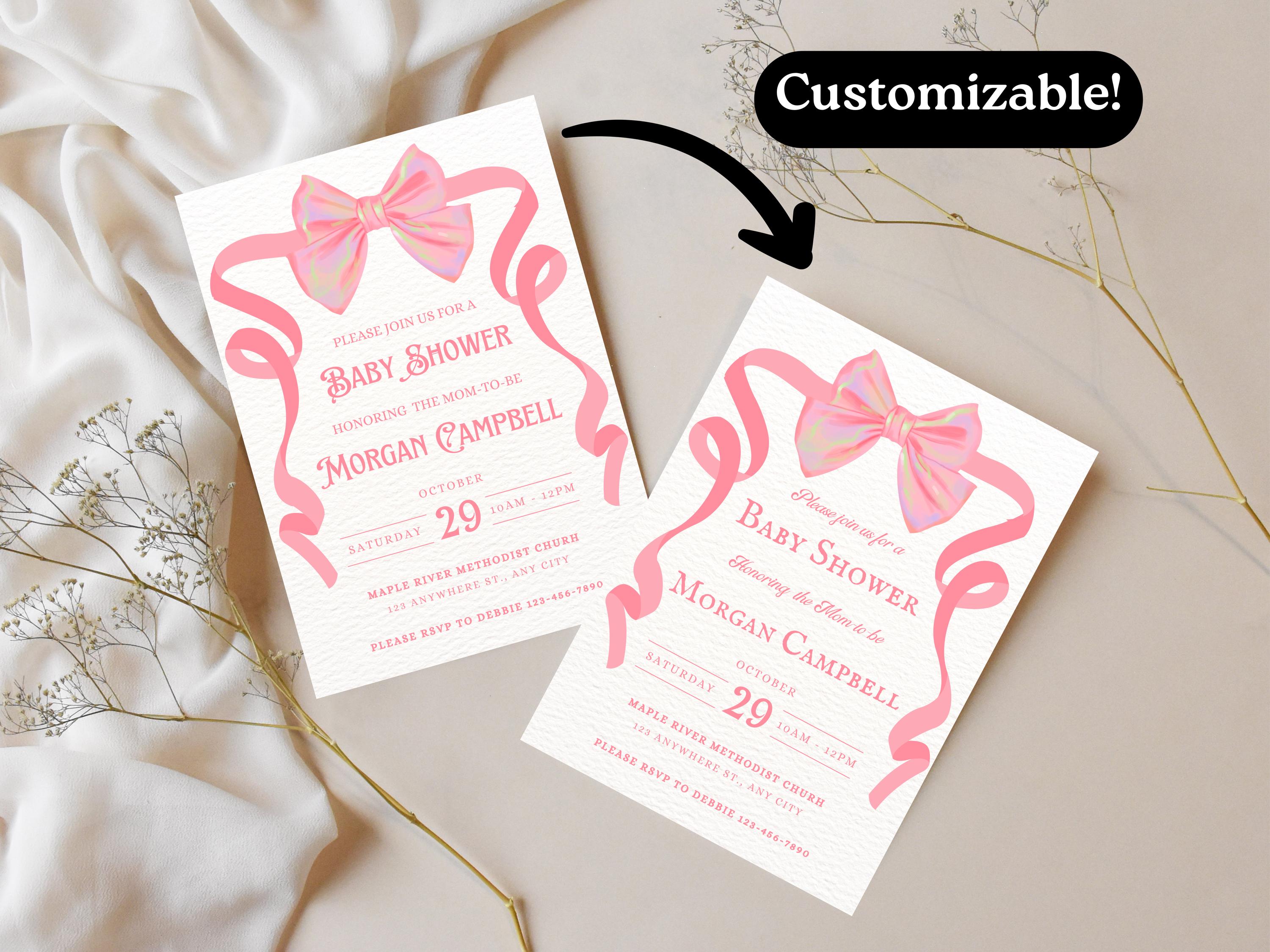 Blush Pink Bow Baby Shower Invitation Template, Elegant Coquette Theme ...