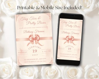 Blush Pink Baby Shower Invitation Template, Vintage Coquette, Tiny Toes (Printable/Mobile Version)