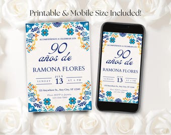 Editable Spanish 90th Birthday Invitation, Talavera Milestone Birthday Invite, Ninetieth Birthday Floral, Papel Picado, Printable and Evite