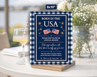 Editable Born In The USA Baby Shower Guest Book Sign, Patriotic Baby Shower, 4th of July, Baby Shower Game, Red White Blue, America, Canva
