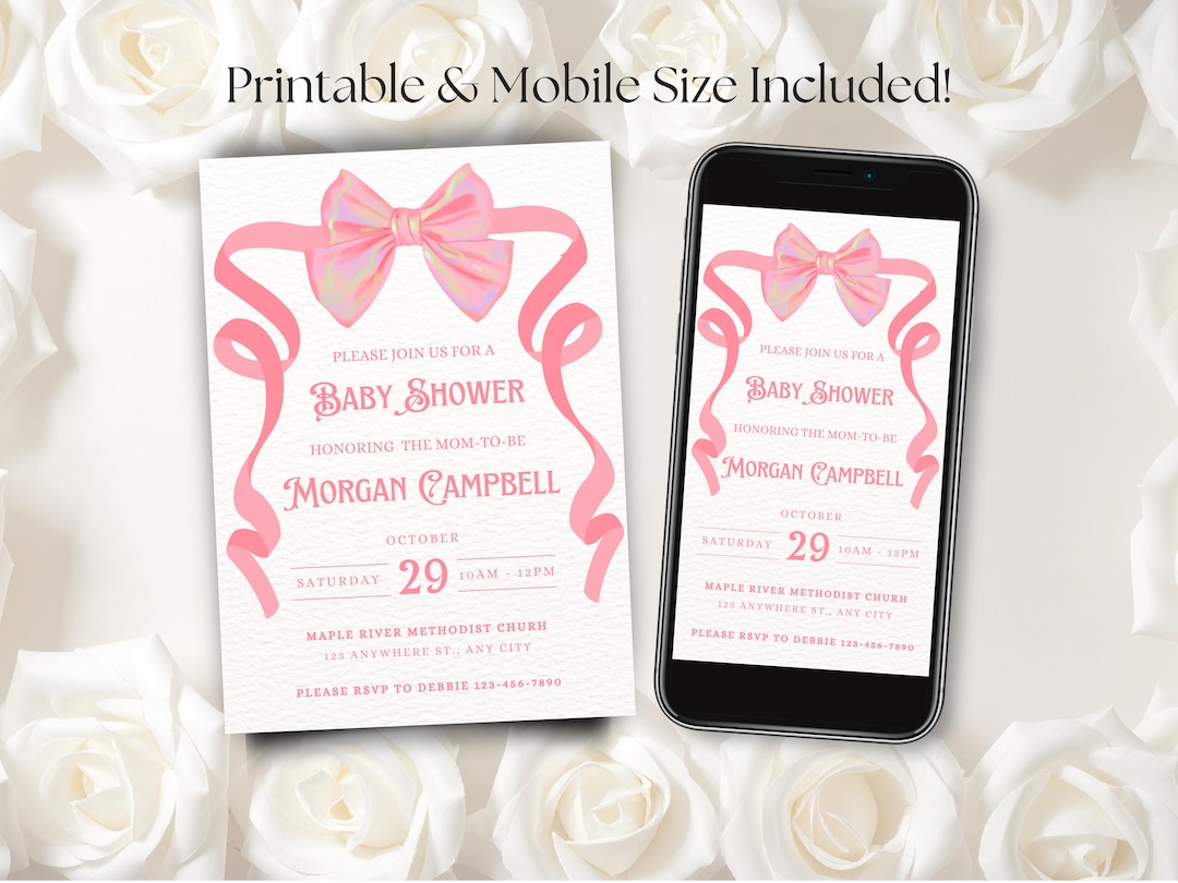 Blush Pink Bow Baby Shower Invitation Template, Elegant Coquette Theme ...