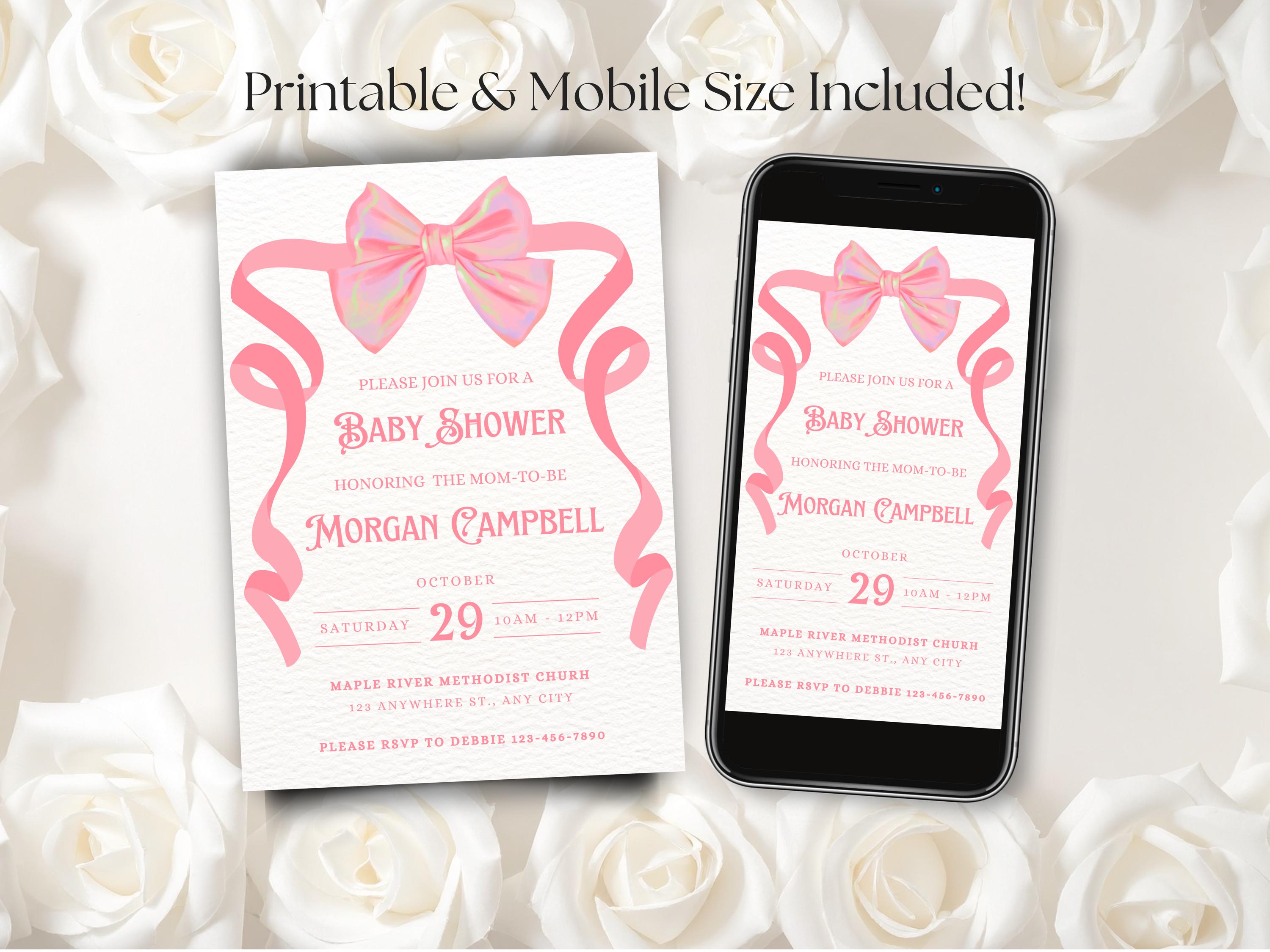 Blush Pink Bow Baby Shower Invitation Template, Elegant Coquette Theme ...
