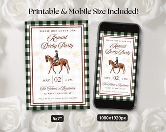 Editable Vintage Derby Party Invitation, Kentucky Horse Race Party Invite, Green Gingham, Printable & Digital Invite, Evite, Canva Template