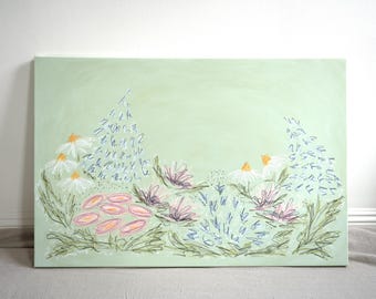 Original Floral Oil Pastel Acrylic Painting – “In The Meadow” (24x36) - Grandmillenial Wall Art