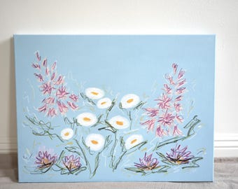 Original Floral Oil Pastel Acrylic Painting – Spring Blooms, Daisies, Wildflowers (18x24)