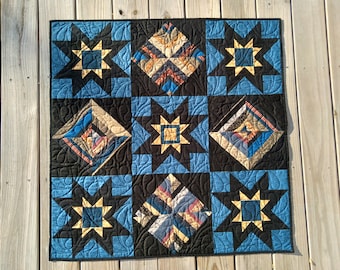 Wall hanging, wall quilt, colorful wall hanging, dark teal and black star wall hanging
