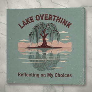 Lake Overthink Canvas Art | Weeping Willow Reflection, Retro Travel Patch Print