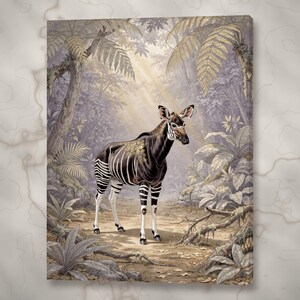 May include: A rectangular canvas wall art print featuring an okapi standing in a forest. The okapi has a dark brown body with white horizontal stripes on its legs. The background depicts a lush jungle with ferns, trees, and soft light rays.