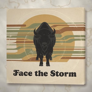 Quadro su tela "Bison Face the Storm" / Stampa in stile disco in vinile anni '70