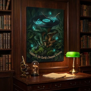 May include: A canvas print featuring a surreal mushroom design with a vinyl record top. The artwork is in a dark, moody style with glowing accents and the text "Listen to the Earth's Deepest Grooves". The print is displayed in a library setting.