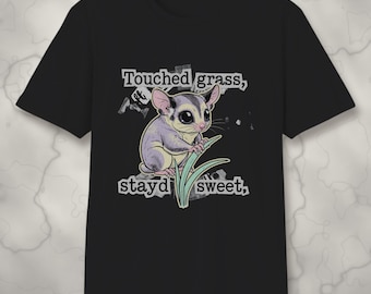 Sugar Glider Graphic T-Shirt | Cute Touch Grass Zine Slogan, Black
