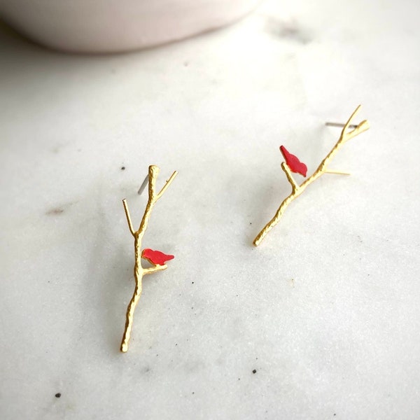Cardinal Bird Stud Earrings / Gold Bird Earrings / Red Cardinal Jewelry / Delicate Gold Studs / Small Bird Jewelry / Gold Branch Earrings