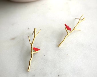 Cardinal Bird Stud Earrings / Gold Bird Earrings / Red Cardinal Jewelry / Delicate Gold Studs / Small Bird Jewelry / Gold Branch Earrings