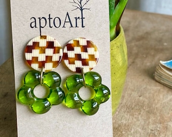 Seventies Inspo Dangle Earrings / Checkered Floral Earrings / Flower Child / Flower Power / Checkered Pattern