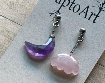 Rose Quartz Cloud Amethyst Moon Earrings / Moon Earrings / Waterproof Stainless Steel / Hypoallergenic / Pink Purple / Pastel Gemstones