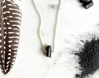 Raw Black Tourmaline Necklace on Gold or Silver Chain / Dainty Gold Jewelry / Black Gemstone / Rough Cut Tourmaline