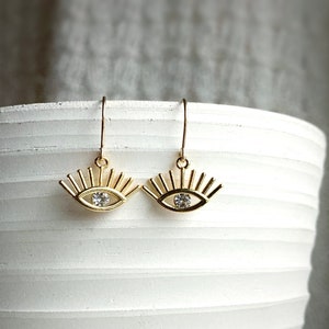 Gold Eye Earrings / Eye Jewelry / Dainty Gold Dangle Earrings / Simple Earrings / Shiny Jewelry / All Seeing Eye / Everyday Earrings image 1