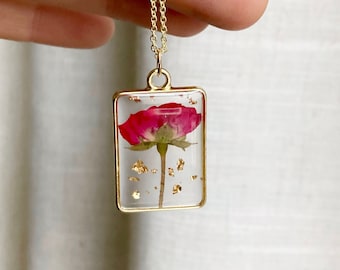 Real Rose Necklace with Gold Flecks / Gold Pressed Rose / Rose Petal Jewelry / Red Rose Jewelry / Dried Flowers / Rose Gift