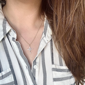 Vintage Style Cross Necklace / Baguette Stones Inlay / Gold Cross Necklace / Religious Cross / Dainty Delicate Cross Necklace / Christian