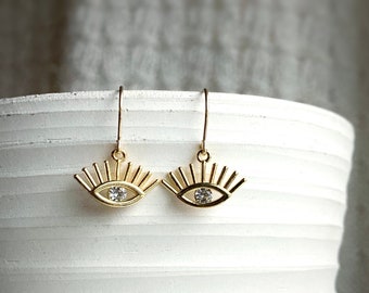 Gold Eye Earrings / Eye Jewelry / Dainty Gold Dangle Earrings / Simple Earrings / Shiny Jewelry / All Seeing Eye / Everyday Earrings