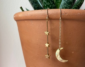 Moon and Stars Dangle Earrings / Gold Earrings / Celestial / Crescent Moon / My Moon and Stars / Moon Phases Jewelry / Hammered Gold
