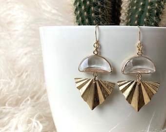 Retro Inspired Earrings / Art Deco Inspired / Fan Earrings / Geometric / Half Moon / Dangle Statement Earrings / Big Earrings