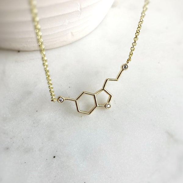 Gold Serotonin Necklace / Molecule Jewelry / Serotonin Jewelry / Endorphins / Biology Jewelry / Anxiety Science Gift / Serotonin Dopamine