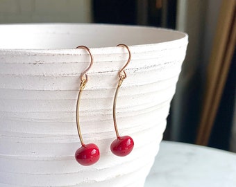 Shiny Cherry Earrings / Gold Cherry Dangle Earrings / Gold Fruit Jewelry / Fruit Lover / Cherry