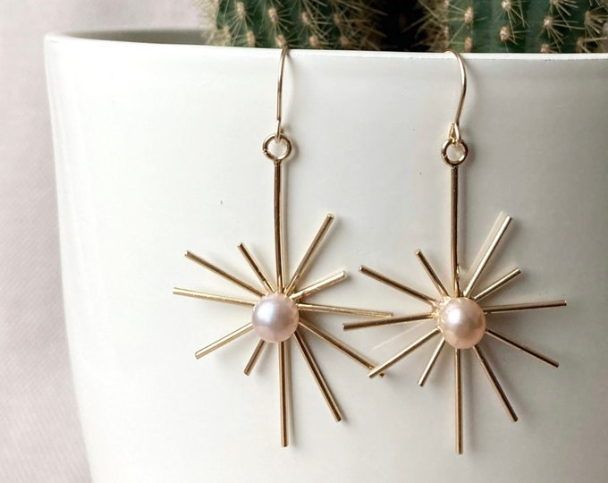 Starburst Retro Earrings / Art Deco Inspired / Pearl Jewelry / Gold ...