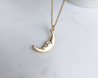 Moon Man Gold Necklace / Moon Face / Man in the Moon / Man on the Moon / Dainty Moon Necklace / Crescent Moon / Celestial / Tiny Gold Moon