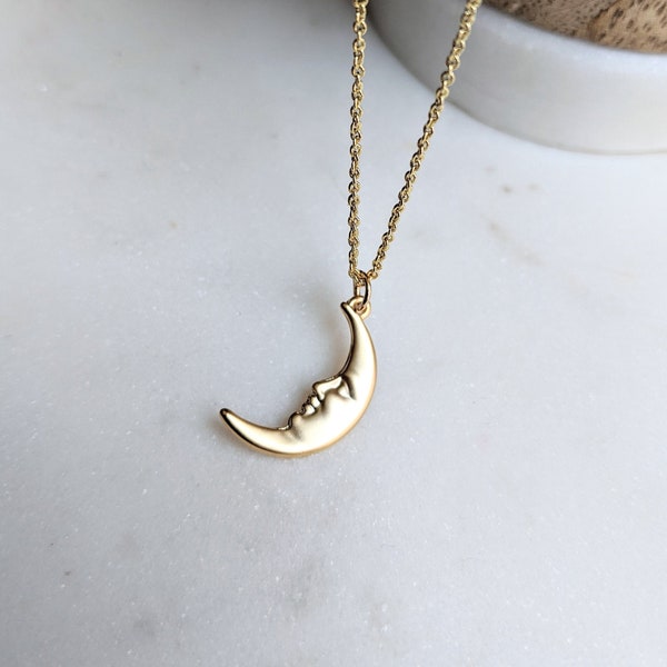 Moon Man Gold Necklace / Moon Face / Man in the Moon / Man on the Moon / Dainty Moon Necklace / Crescent Moon / Celestial / Tiny Gold Moon