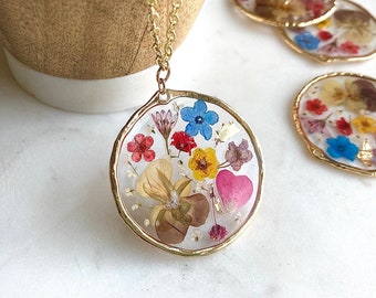 Pressed Wildflower Necklace in Long Gold Chain